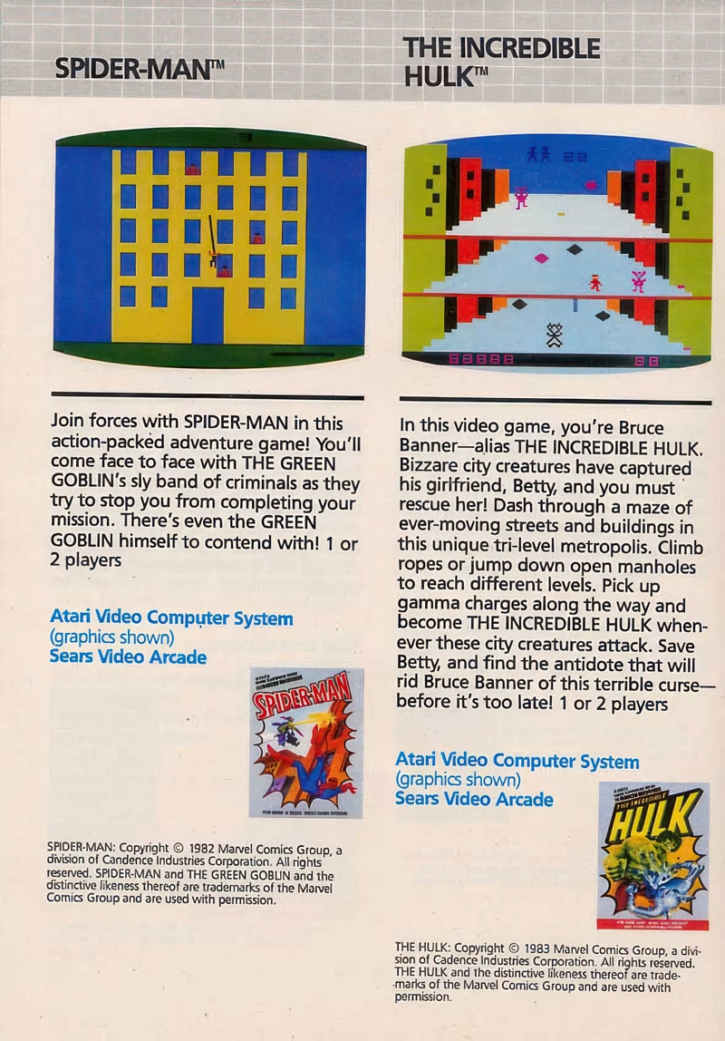 Реклама The Incredible Hulk и Spider-Man на Atari 2600 в каталоге 1983 года